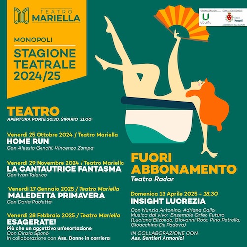 Locandina con spettacoli della Stagione teatrale 2024/25 a Monopoli